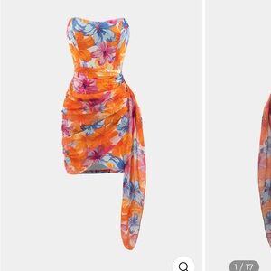 Floral Print Wrap Ruched Strapless Mini Dress